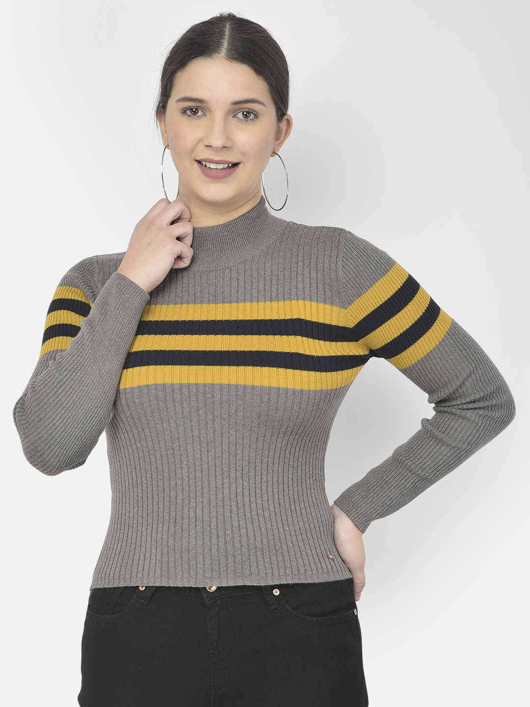 Numero Uno Women Striped Grey Sweater